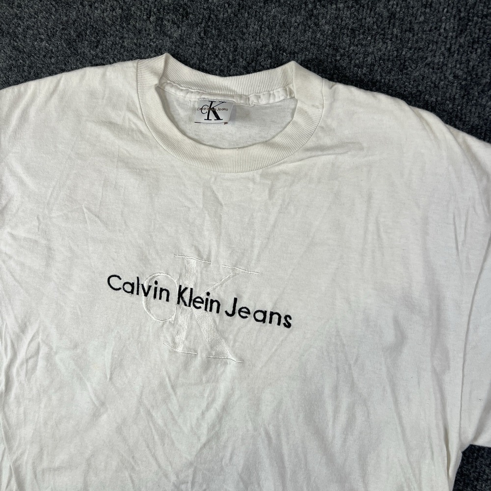 Vintage Calvin Klein Jeans Shirt Mens Small/Medium‎ White cK Logo Graphic 90s
